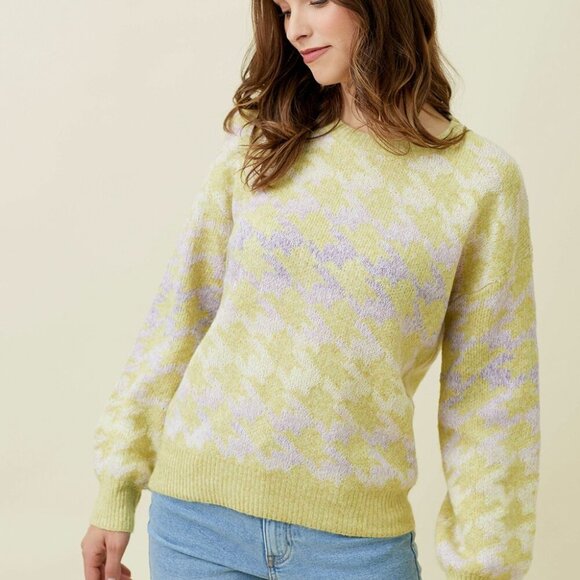 Mystree Sweaters - MYSTREE Pastel Houndstooth Sweater | Lemon & Lilac Knit Pullover